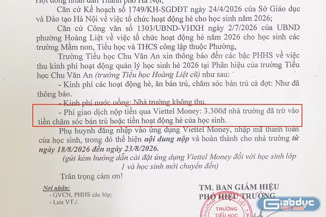 TH Chu Văn An yêu cầu đóng tiền học qua Viettel Money phí giao dịch 3.300 đồng, phụ huynh băn khoăn
