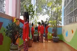 Các bé thực hành tưới cây, bảo vệ môi trường.