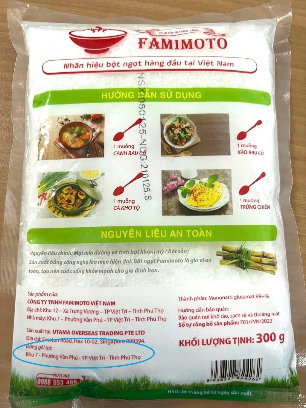 Mặt sau bao bì mì chính đóng gói lại thường có các thông tin như Đóng gói tại, Cơ sở đóng gói hoặc Sản xuất tại: Tên và địa chỉ công ty ở nước ngoài, không phải tại Việt Nam.