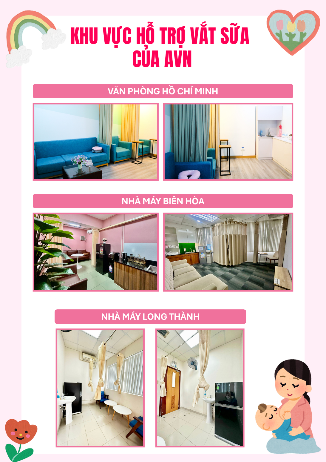 Khu vực nghỉ ngơi, vắt và bảo quản sữa mẹ tại các nhà máy và văn phòng Ajinomoto.