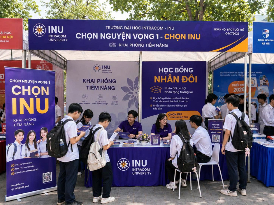Cán bộ của Trường Đại học Intracom tư vấn tuyển sinh giới thiệu về học bổng của nhà trường. Ảnh: NTCC