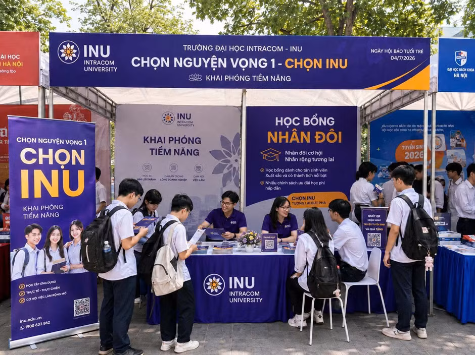 Cán bộ của Trường Đại học Intracom tư vấn tuyển sinh giới thiệu về học bổng của nhà trường. Ảnh: NTCC
