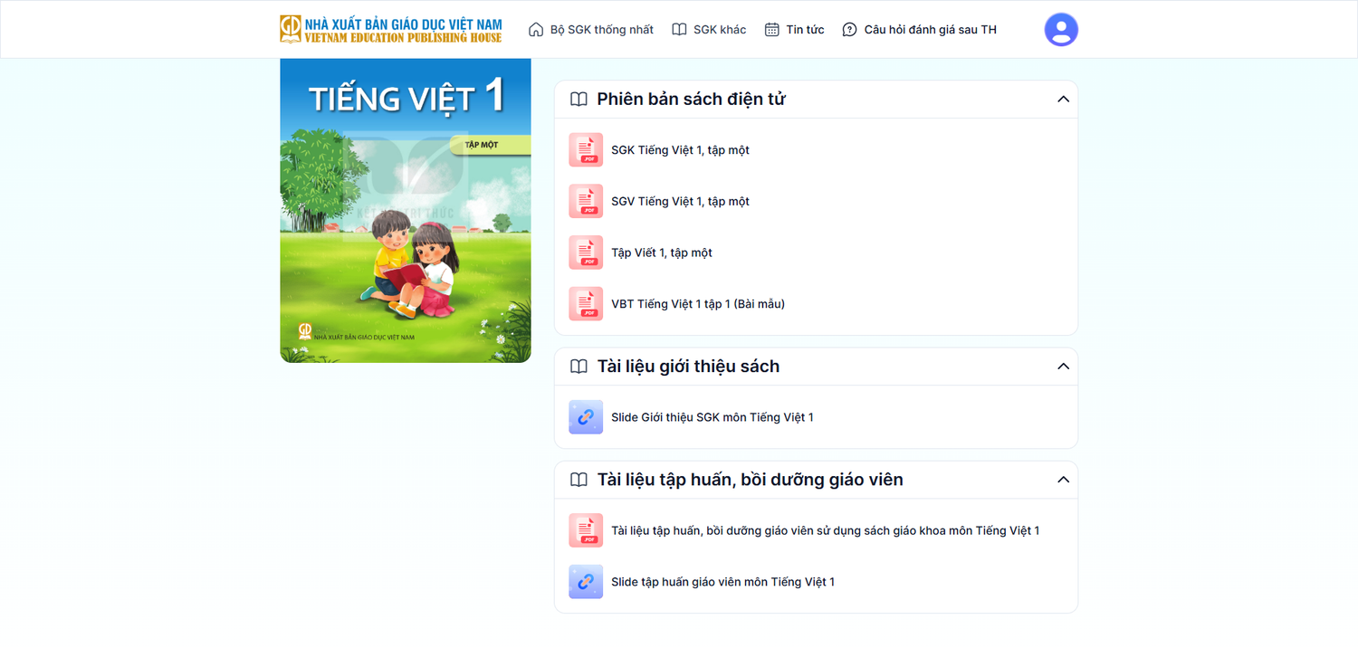 Sách giáo khoa điện tử trên trang taphuan.nxbgd.vn của Nhà xuất bản Giáo dục Việt Nam. Ảnh chụp màn hình