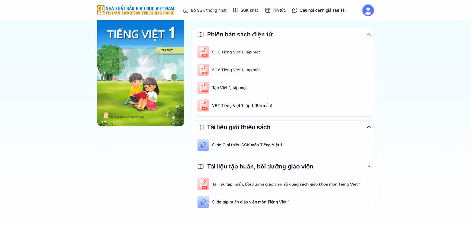 Sách giáo khoa điện tử trên trang taphuan.nxbgd.vn của Nhà xuất bản Giáo dục Việt Nam. Ảnh chụp màn hình
