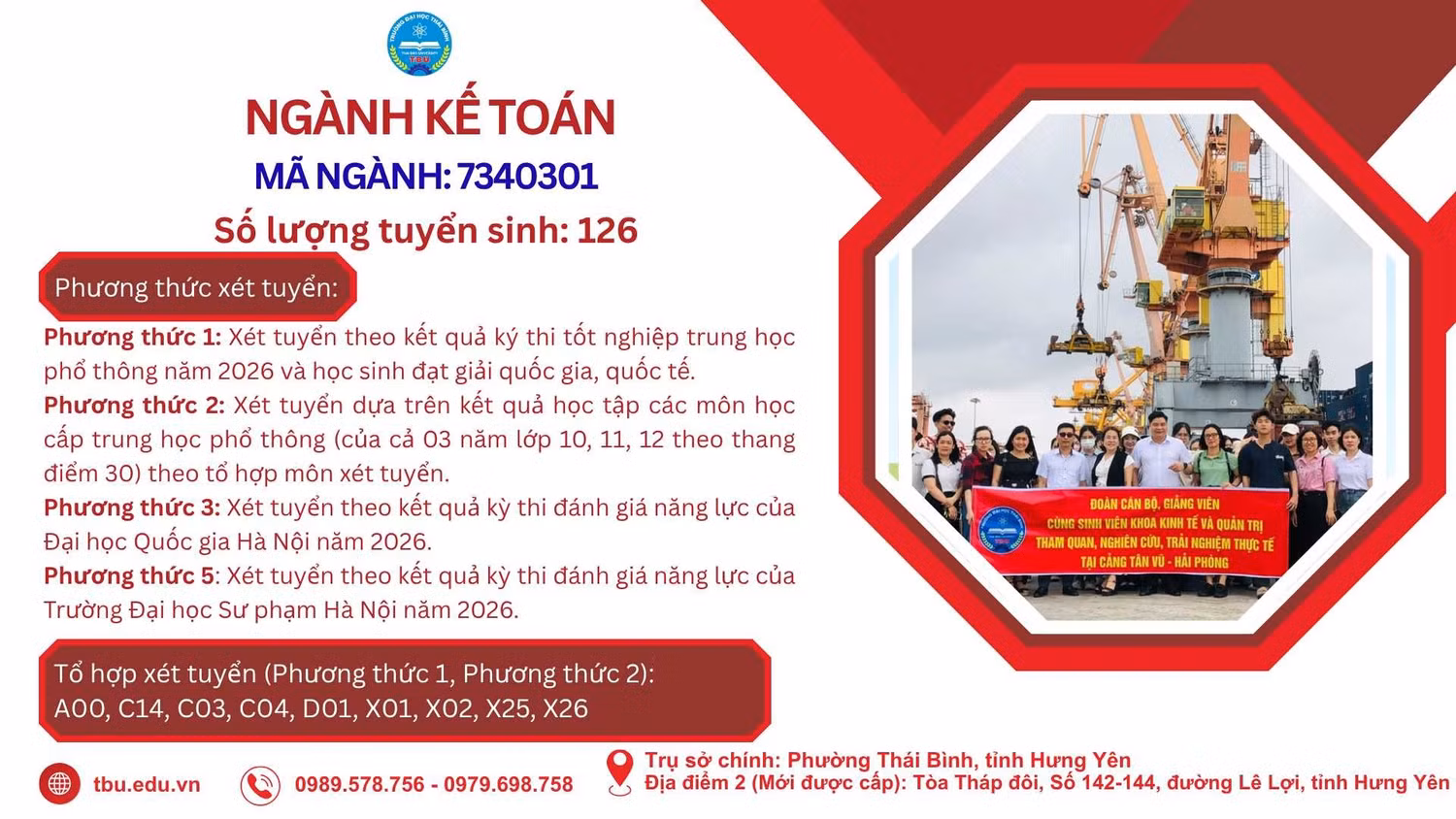 Thông tin tuyển sinh ngành Kế toán năm 2026 tại Trường Đại học Thái Bình. Ảnh: NTCC