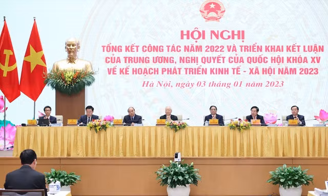 Các đồng chí lãnh đạo Đảng, Nhà nước dự Hội nghị - Ảnh: VGP/Nhật Bắc