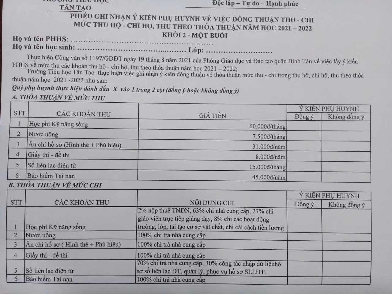 Các khoản thu mà trường tiểu học Tân Tạo đang lấy ý kiến của phụ huynh.
