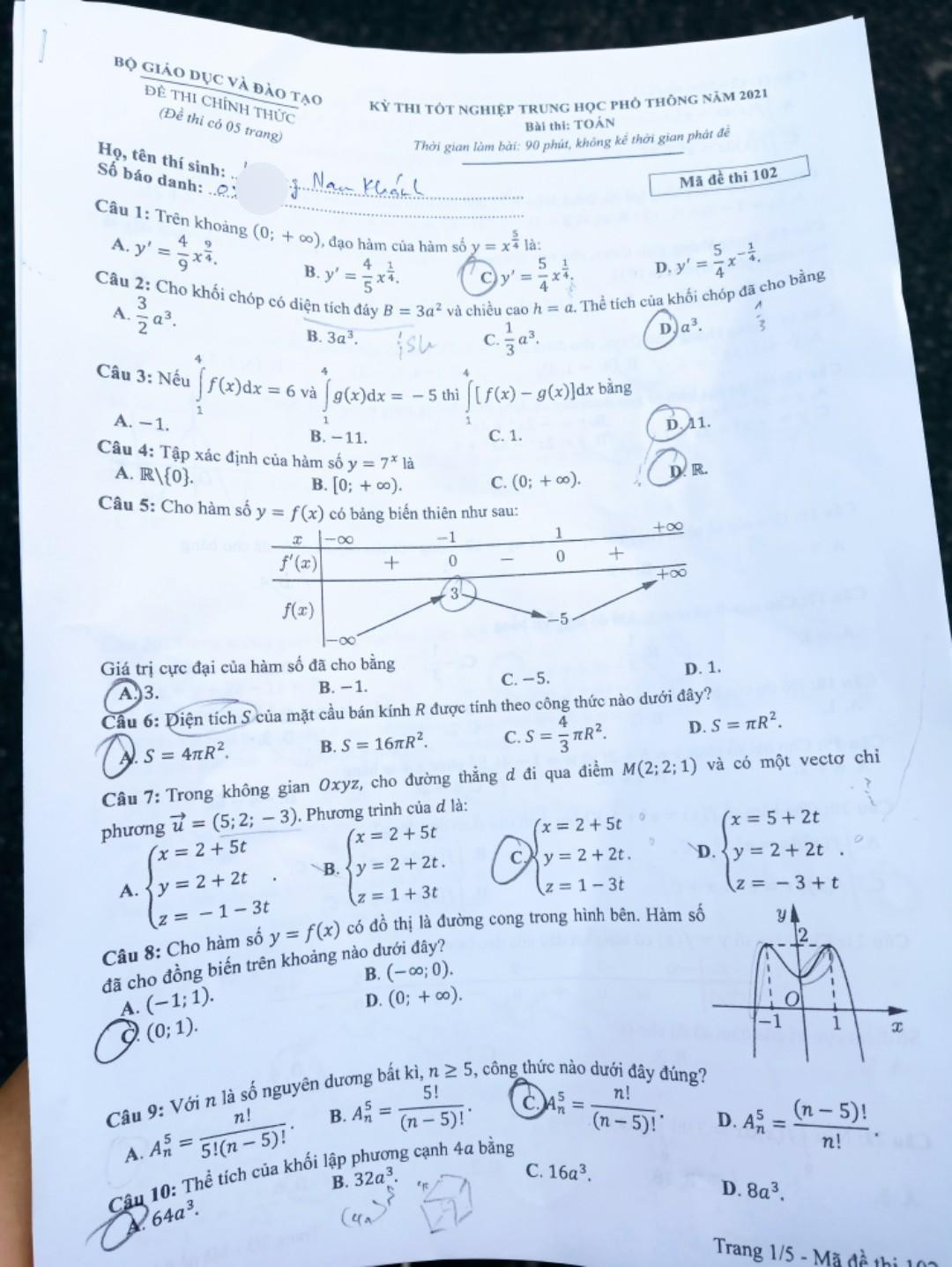 Đề thi tốt nghiệp trung học phổ thông môn Toán, mã đề 102. (Ảnh: Phạm Minh)