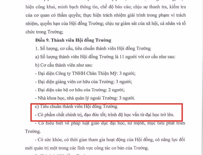 Quy định về tiêu chuẩn của thành viên Hội đồng trường Trường Đại học Kinh Bắc. Ảnh chụp màn hình Quy chế tổ chức và hoạt động của Trường Đại học Kinh Bắc.