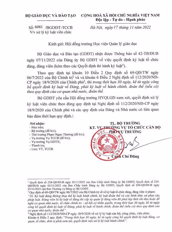 Văn bản Bộ Giáo dục và Đào tạo gửi Học viện Quản lý Giáo dục. Ảnh: CTV