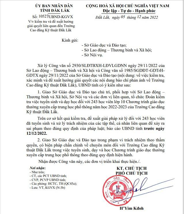 Công văn chỉ đạo của Ủy ban nhân dân tỉnh Đắk Lắk. Ảnh: CTV