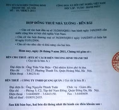 Hợp đồng cho thuê bến bãi giữa HTX công nghiệp sứ cách điện với Công ty TNHH Quang Quân Hợp đồng cho thuê bến bãi giữa HTX công nghiệp sứ cách điện với Công ty TNHH Quang Quân