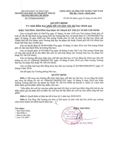 Quyết định 1854 của Trường Đại học Sư phạm Kỹ thuật Thành phố Hồ Chí Minh (ảnh: CTV)