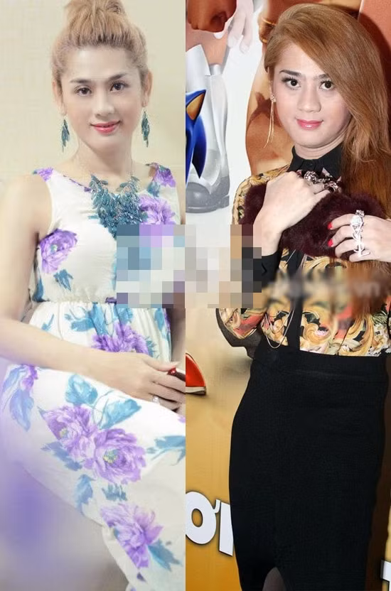 Khi nhìn chính diện, ảnh được photoshop (bên trái) khiến chị có gương mặt thanh mảnh, sống mũi thon gọn, lông mày thanh tú, đặc biệt là không có hai cằm như thực tế