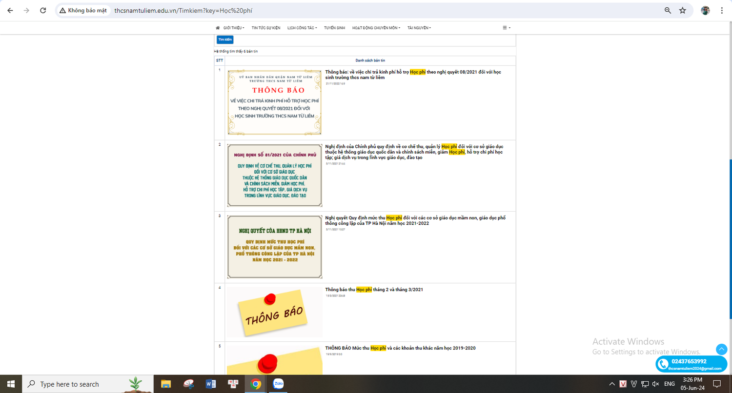Kết quả tìm kiếm thông tin theo từ khóa "học phí" trên website của Trường Trung học cơ sở Nam Từ Liêm (quận Nam Từ Liêm). Ảnh chụp màn hình