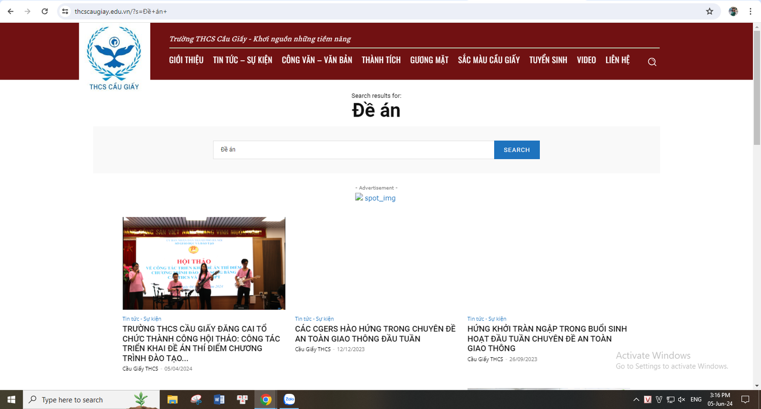 Kết quả tìm kiếm từ khóa "Đề án" trên website của nhà trường. (Ảnh chụp màn hình)