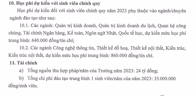 Học phí dự kiến năm 2023 của sinh viên Trường Đại học Nguyễn Trãi là 860.000 đồng/1 tín chỉ. Ảnh chụp màn hình.
