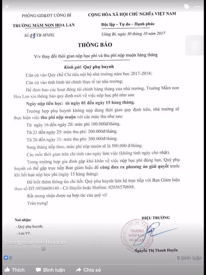 Tờ thông báo của Trường mầm non Hoa Lan gửi phụ huynh có quy định mức phạt chậm nộp học phí. Nguồn: Internet Tờ thông báo của Trường mầm non Hoa Lan gửi phụ huynh có quy định mức phạt chậm nộp học phí. Nguồn: Internet