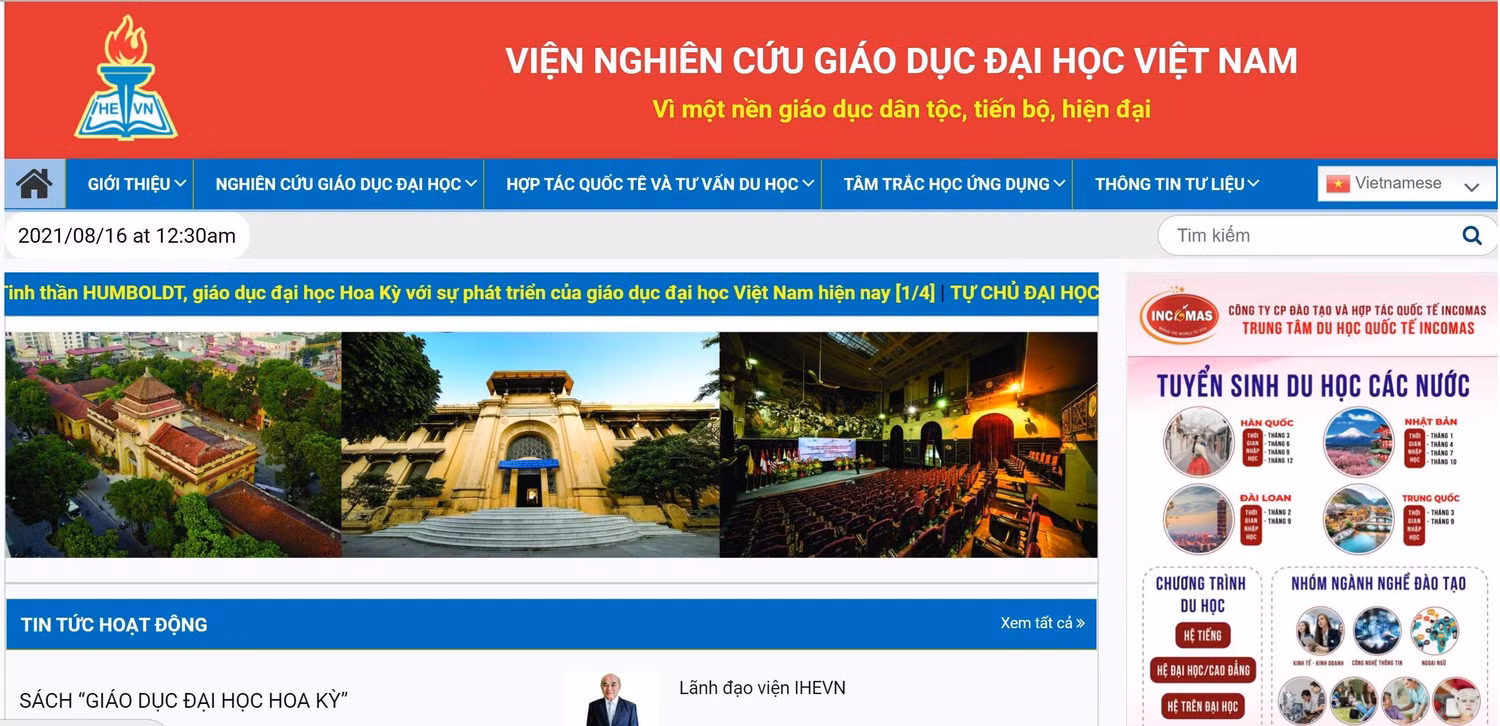 Vừa qua, Hiệp hội Các trường đại học, cao đẳng Việt Nam đã thành lập Viện Nghiên cứu giáo dục đại học Việt Nam (ảnh chụp màn hình website) Vừa qua, Hiệp hội Các trường đại học, cao đẳng Việt Nam đã thành lập Viện Nghiên cứu giáo dục đại học Việt Nam (ảnh chụp màn hình website)