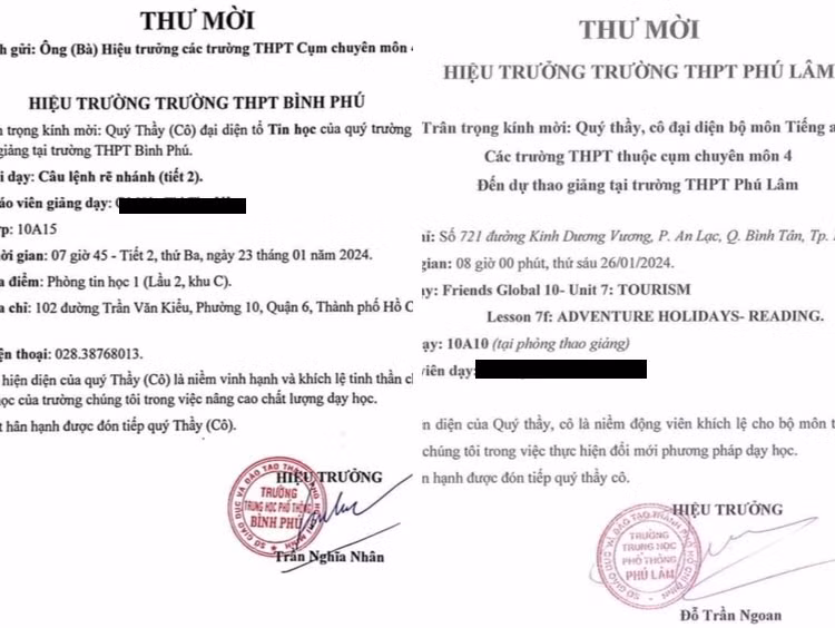 Thư mời dự giờ của Trường Trung học phổ thông Bình Phú và Phú Lâm, thành viên Cụm chuyên môn 4. (Ảnh: NVCC)