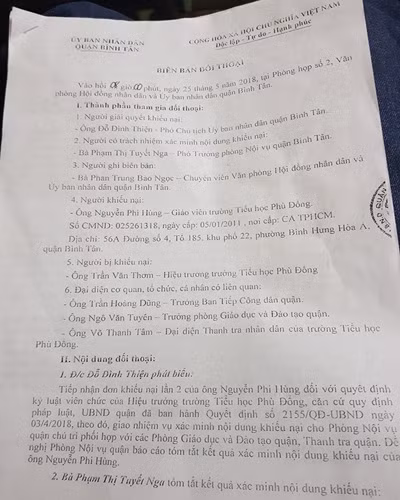 Biên bản cuộc đối thoại ngày 25/5 với thầy Hùng ở Ủy ban nhân dân quận Bình Tân (ảnh: P.L) Biên bản cuộc đối thoại ngày 25/5 với thầy Hùng ở Ủy ban nhân dân quận Bình Tân (ảnh: P.L)