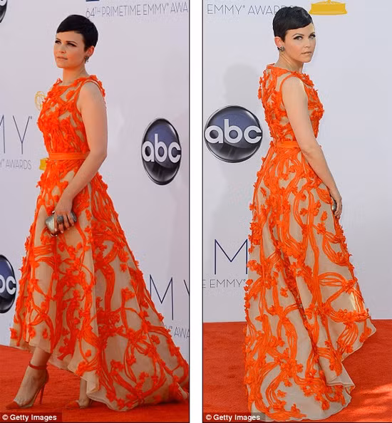 Ginnifer Goodwin mặc bộ váy cam đuôi tôm nổi bật tại hiệu Monique Lhuillier.