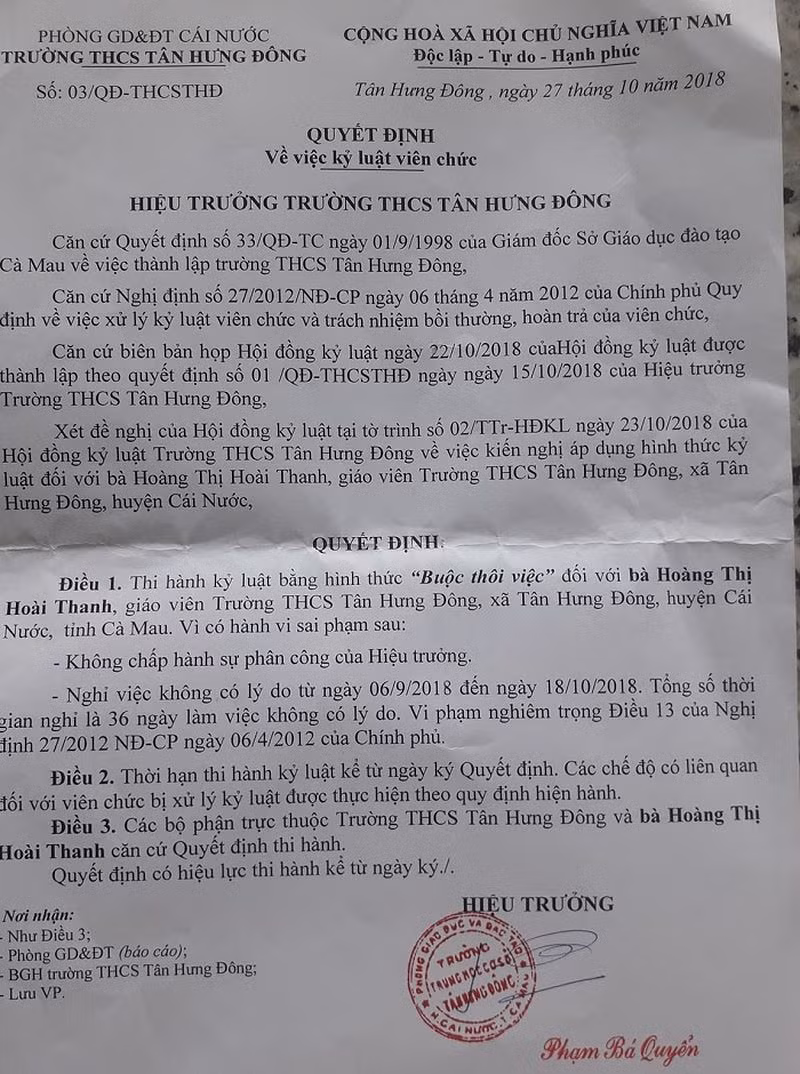 Quyết định về kỷ luật viên chức Hiệu trưởng Trường trung học cơ sở Tân Hưng Đông đối với bà Hoàng Thị Hoài Thanh (Ảnh: tác giả cung cấp). Quyết định về kỷ luật viên chức Hiệu trưởng Trường trung học cơ sở Tân Hưng Đông đối với bà Hoàng Thị Hoài Thanh (Ảnh: tác giả cung cấp).