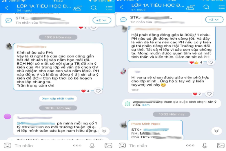 Nội dung tin nhắn của đại diện Hội phụ huynh lớp 1A, trường Tiểu học Đội Cung, thành phố Vinh. Ảnh chụp màn hình