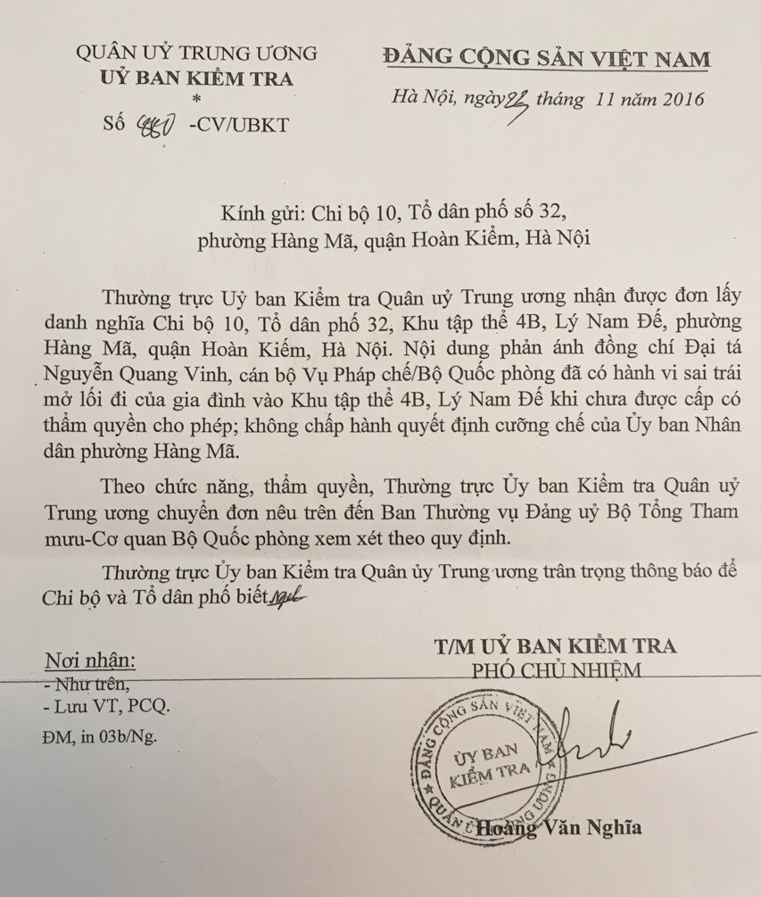 Trong Công văn gửi tới Chi bộ 10, Tổ dân phố 32 (phường Hàng Mã, quận Hoàn Kiếm), Quân ủy Trung ương cho biết đã chuyển đơn đến Ban Thường vụ Đảng ủy Bộ Tổng Tham mưu (Bộ Quốc phòng) xem xét. ảnh: DL.