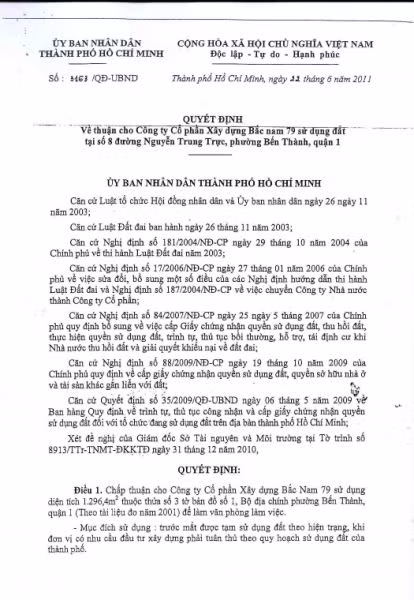 Quyết định số 3163/QĐ-UBND ngày 22/6/2011 của UBND TP. Hồ Chí Minh nêu việc chấp thuận cho Công ty Bắc Nam 79 sử dụng đất tại số 8 Nguyễn Trung Trực chứ không phải số nhà 69A Lý Tự Trọng, quận 1. Quyết định số 3163/QĐ-UBND ngày 22/6/2011 của UBND TP. Hồ Chí Minh nêu việc chấp thuận cho Công ty Bắc Nam 79 sử dụng đất tại số 8 Nguyễn Trung Trực chứ không phải số nhà 69A Lý Tự Trọng, quận 1.