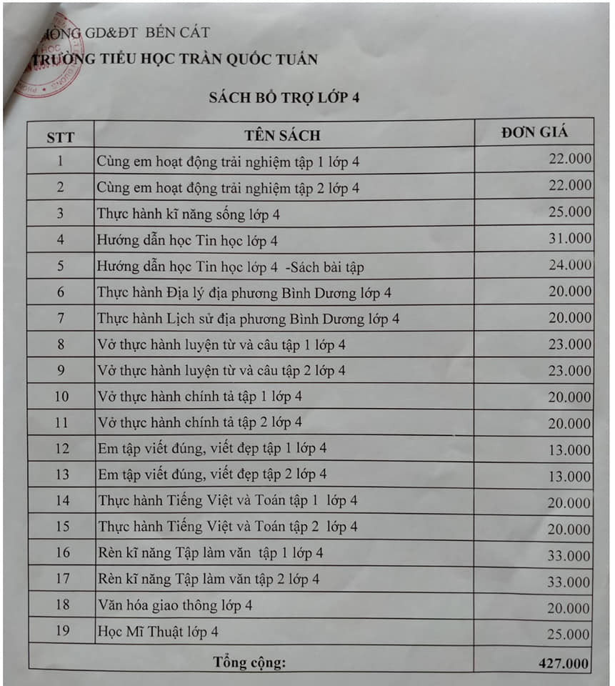 Bộ sách bổ trợ lớp 4 có giá 427.000 đồng (Ảnh chụp từ website của nhà trường)