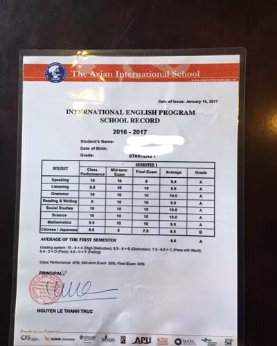 Bảng điểm học kỳ 1 của bé N.A được giáo viên Trường tiểu học Á Châu đánh giá (Ảnh: B.A)