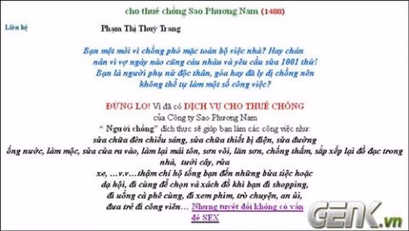 Mức giá dao động từ 150.000 đồng/giờ tới 500.000 đồng/giờ, tùy thuộc vào khả năng, công việc, trình độ học vấn, kiến thức, ngoại hình…của những ông “chồng”. Còn nếu muốn thuê trọn gói, khách hàng có thể kí hợp đồng vài triệu tới vài chục triệu đồng. Dịch vụ cho thuê chồng này thu hút được rất nhiều khách hàng cũng như vô số lời chỉ trích không hay về cách thức hoạt động.