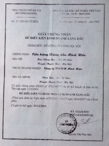 Giấy phép kinh xoanh xăng dầu của Công ty Minh Hảo đã hết hạn vào thời điểm ngày 31/12/2013. Giấy phép kinh xoanh xăng dầu của Công ty Minh Hảo đã hết hạn vào thời điểm ngày 31/12/2013.