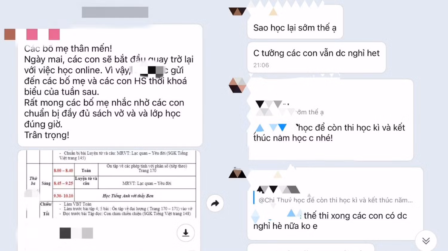Giáo viên gửi thông báo, thời khoá biểu học, ôn tập trực tuyến để thi kiểm tra cuối kỳ II. Ảnh: Văn Hiền