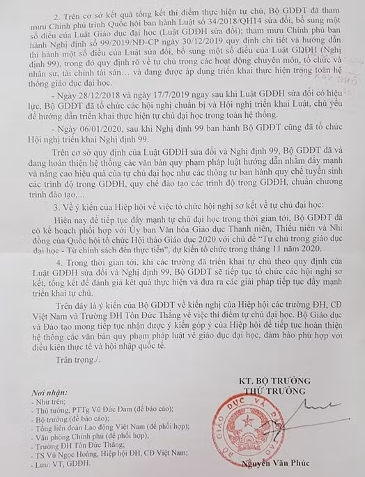 Văn bản phúc đáp của Bộ Giáo dục và Đào tạo (ảnh tư liệu) Văn bản phúc đáp của Bộ Giáo dục và Đào tạo (ảnh tư liệu)