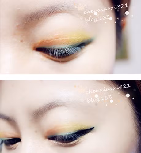 Sau đó, chọn màu xanh lá mạ và màu vàng cam phối cùng, tạo cho mắt gam màu tươi tắn, độc đáo mà vẫn không bị rực. Sử dụng bút kẻ nước vẽ đường mắt mèo. Sau đó, chọn màu xanh lá mạ và màu vàng cam phối cùng, tạo cho mắt gam màu tươi tắn, độc đáo mà vẫn không bị rực. Sử dụng bút kẻ nước vẽ đường mắt mèo.