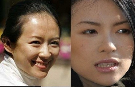 Dù không son phấn thì Chương Tử Di cũng rất xinh, tuy nhiên làn da của cô hơi sạm và không được mịn.