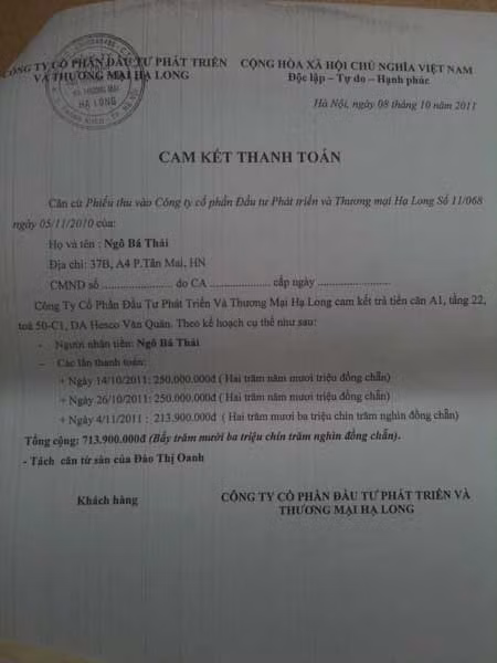 Với cam kết thanh toán và đóng dấu treo như thế này, Cty Hạ Long đã sai càng sai hơn