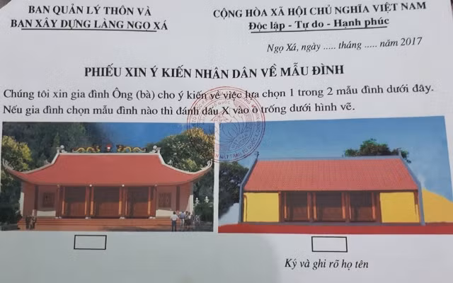 Phiếu xin ý kiến người dân để thay đổi kết cấu, kiến trúc đình Ngọ Xá (Bắc Giang). Ảnh: QĐ/ Dangcongsan.vn Phiếu xin ý kiến người dân để thay đổi kết cấu, kiến trúc đình Ngọ Xá (Bắc Giang). Ảnh: QĐ/ Dangcongsan.vn
