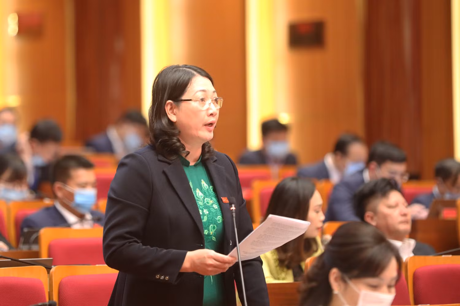 Đại biểu Bùi Thị Thu Hà, Tổ đại biểu thành phố Hạ Long chất vấn về phát triển giáo dục tư thục (Ảnh: CTV)