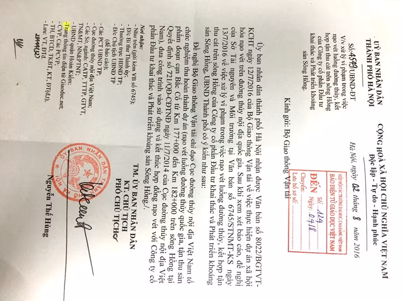 Ngày 02/8/2016, UBND TP. Hà Nội ban hành Văn bản số 4549/UBND-ĐT về việc “xử lý vi phạm trong việc nạo vét luồng đường thủy, kết hợp tận thu cát trên sông Hồng của Công ty CP Đầu tư khai thác và Phát triển Sông Hồng (Công ty Sông Hồng-PV)”.