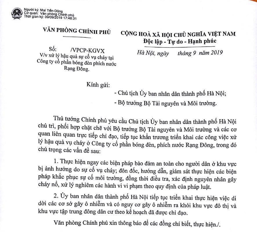Chỉ đạo của Thủ tướng Chính phủ xử lý hậu quả vụ cháy tại Công ty cổ phần bóng đèn, phích nước Rạng Đông. Chỉ đạo của Thủ tướng Chính phủ xử lý hậu quả vụ cháy tại Công ty cổ phần bóng đèn, phích nước Rạng Đông.