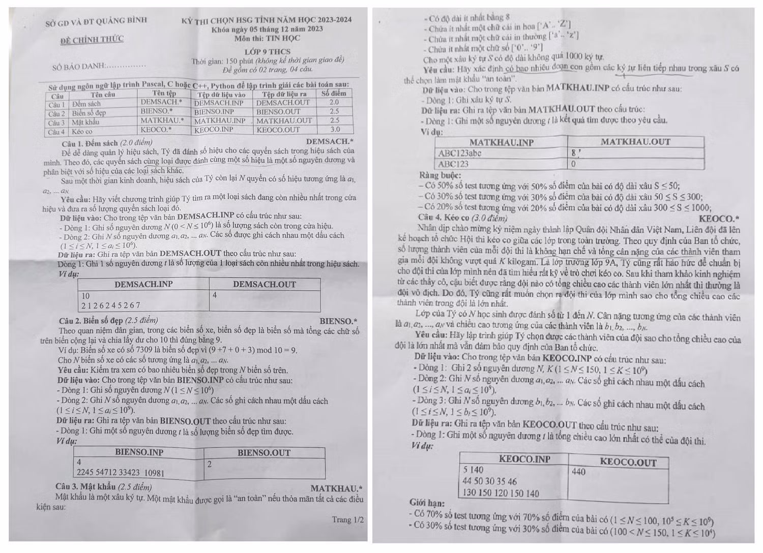 Đề thi học sinh giỏi môn Tin học lớp 9 tại Quảng Bình năm học 2023-2024. Ảnh: Giáo viên cung cấp.