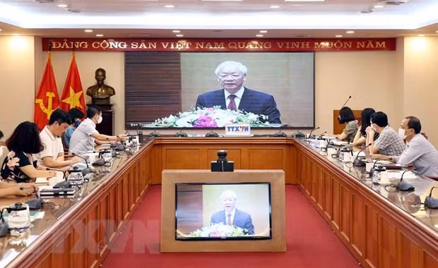 Quang cảnh hội nghị tại điểm cầu Thông tấn xã Việt Nam, số 5 Lý Thường Kiệt, Hà Nội. (Ảnh: Phạm Kiên/TTXVN)
