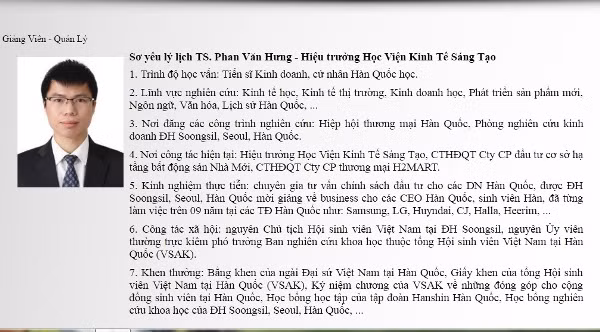 Ông Hưng vẫn nhận mình là Hiệu trưởng trên website của Học viện Kinh tế Sáng tạo (ảnh Trinh Phúc chụp màn hình website).
