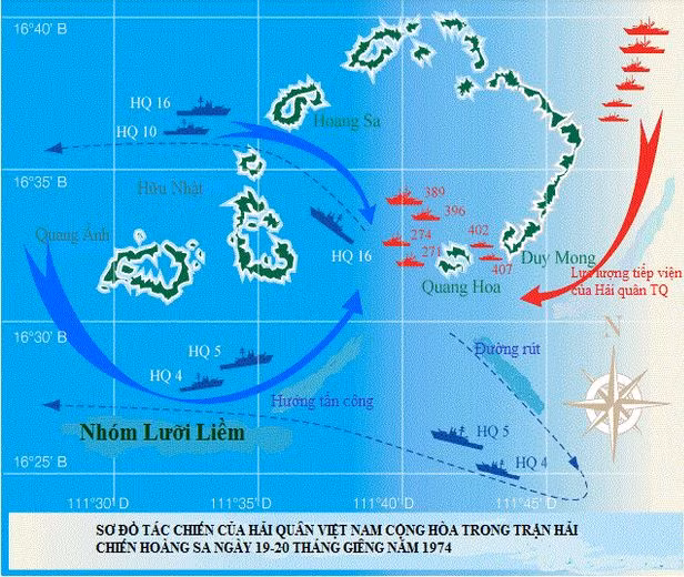 Sơ đồ tác chiến của Hải quân Việt Nam Cộng Hòa chống Trung Quốc xâm lược Hoàng Sa năm 1974.
