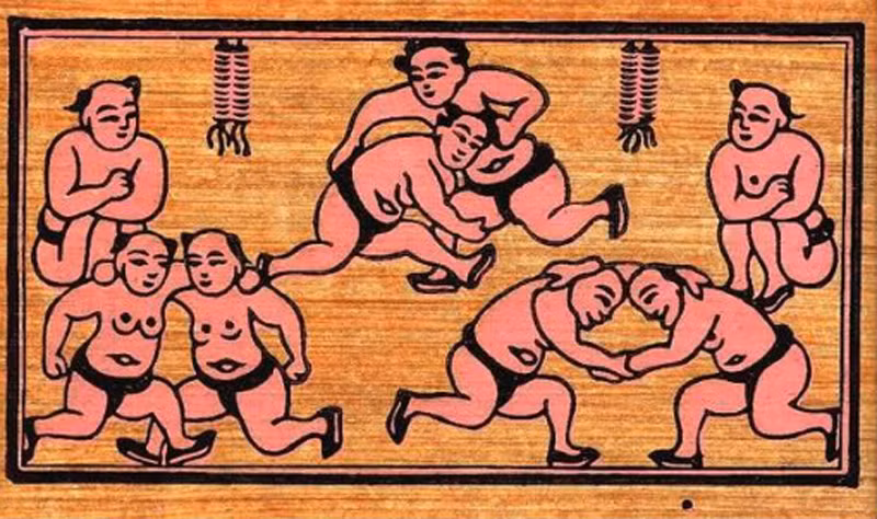 Tranh "Đấu vật" với hình ảnh các đô vật tham gia trong ngày Hội Xuân