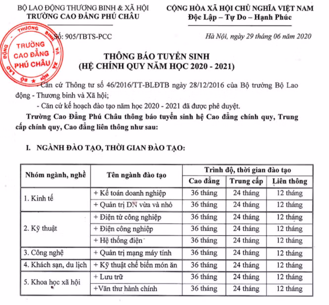 Thông báo tuyển sinh của trường Cao đẳng Phú Châu (Ảnh:V.N)