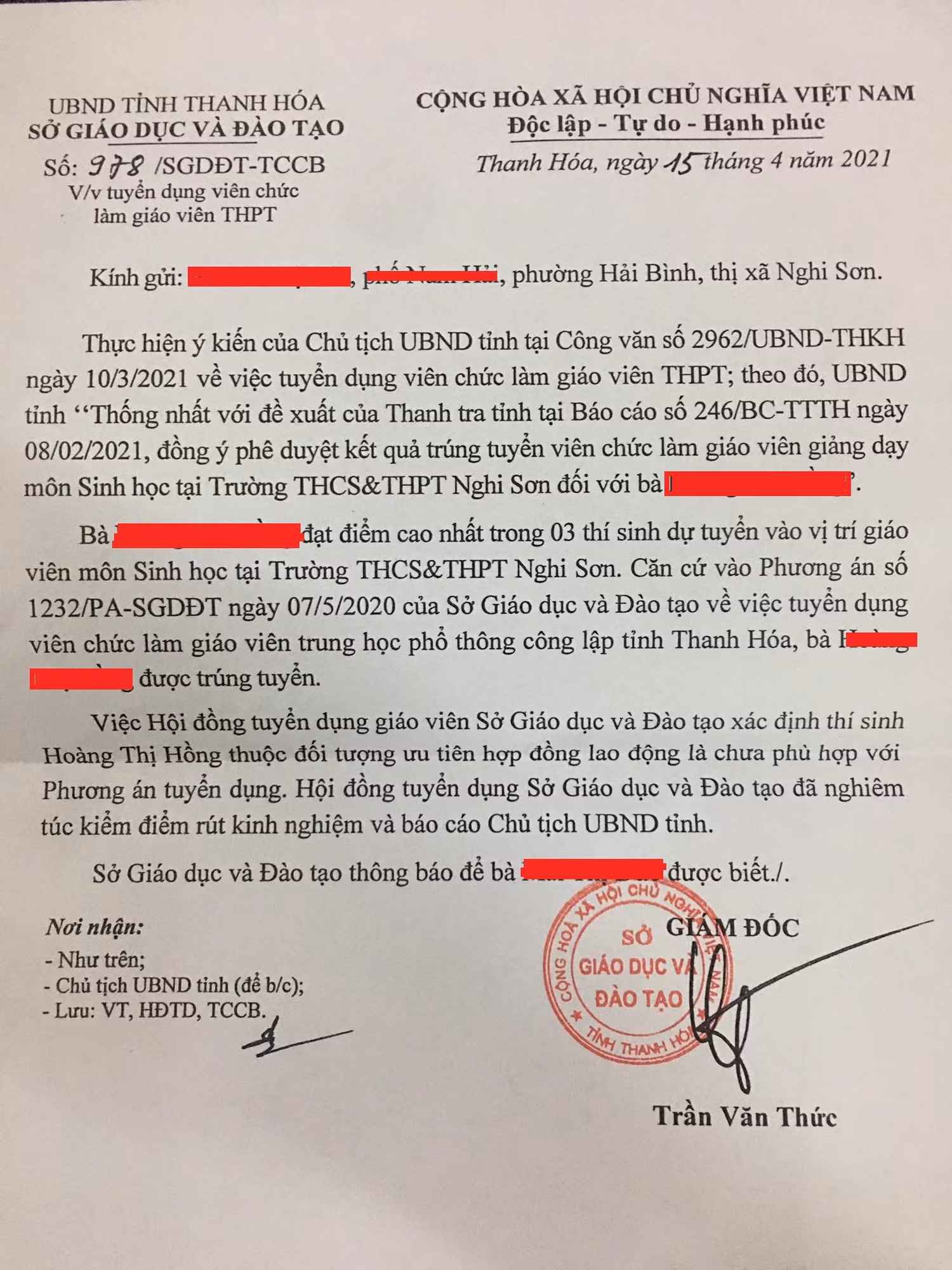 Văn bản trả lời của Sở Giáo dục và Đào tạo Thanh Hóa. Ảnh: nhân vật cung cấp